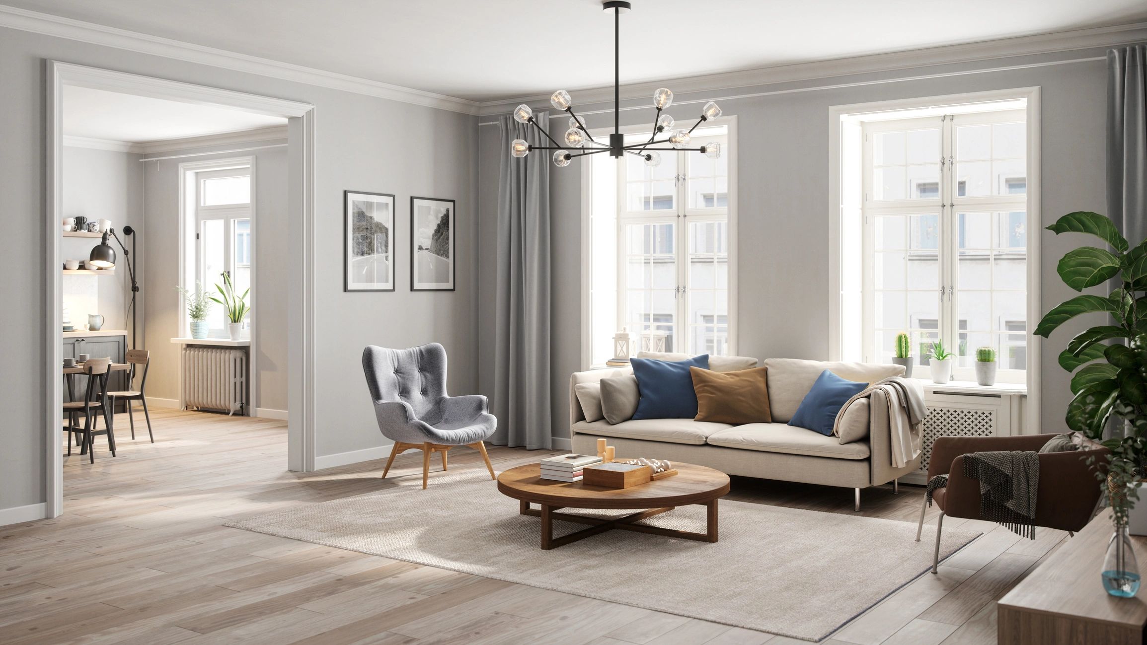 high-end designer rug in modern classic setting, muted gold and soft brown